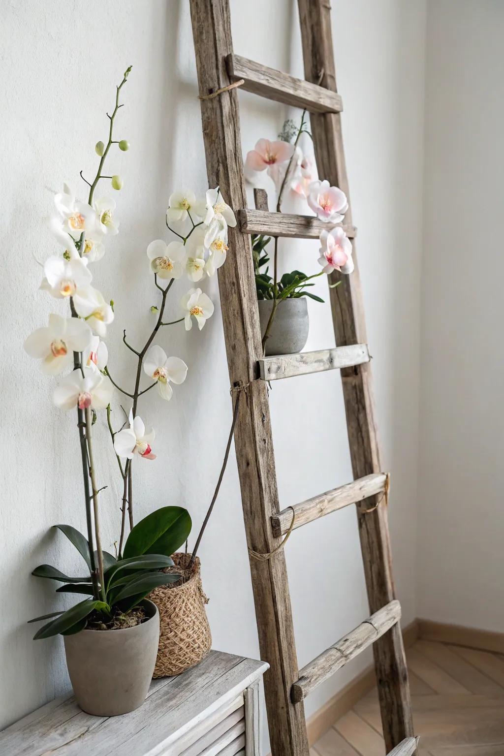 Transform your space with the rustic elegance of a repurposed ladder orchid trellis.
