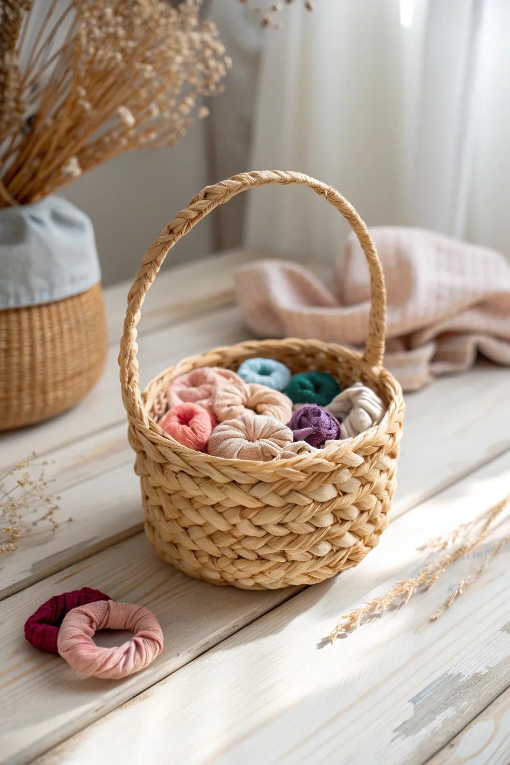 Effortless elegance: Organize your hair accessories with a charming woven basket.