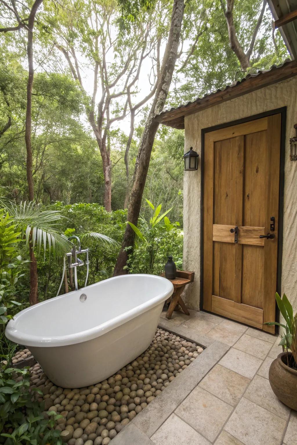 A freestanding tub creates a luxurious outdoor retreat.