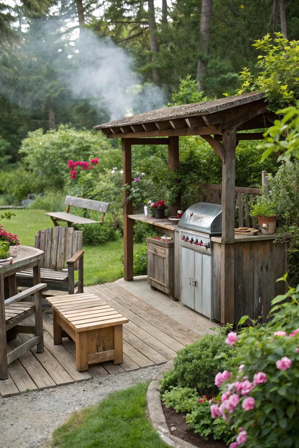 A cedar corner station, perfect for a rustic and inviting BBQ experience.