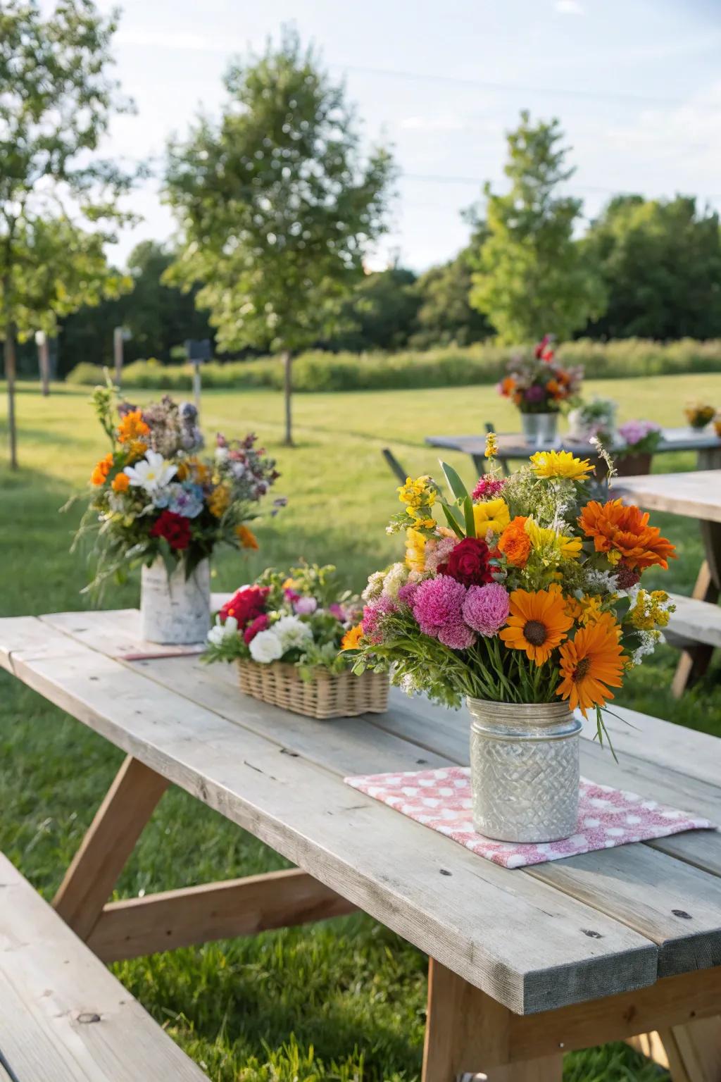 DIY floral arrangements add a personal and colorful touch to your picnic table.