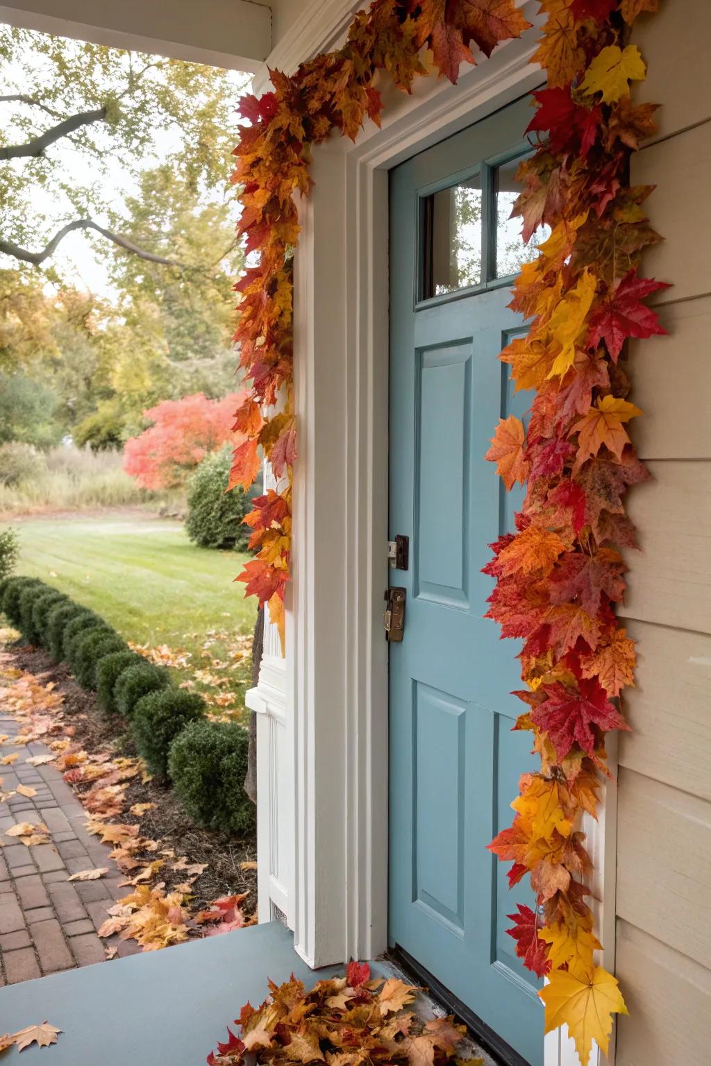 A vibrant leaf garland frames the entryway with fall flair.