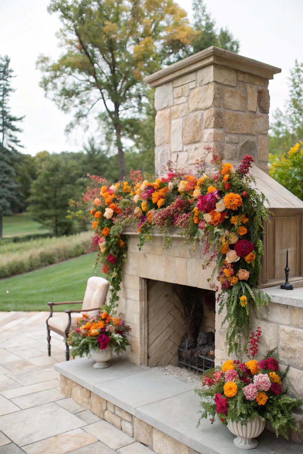 A vibrant floral arrangement brightening up the mantel.