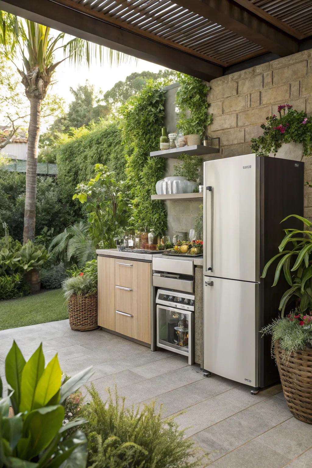 A dual-purpose fridge offers both cooling and freezing options for outdoor enjoyment.