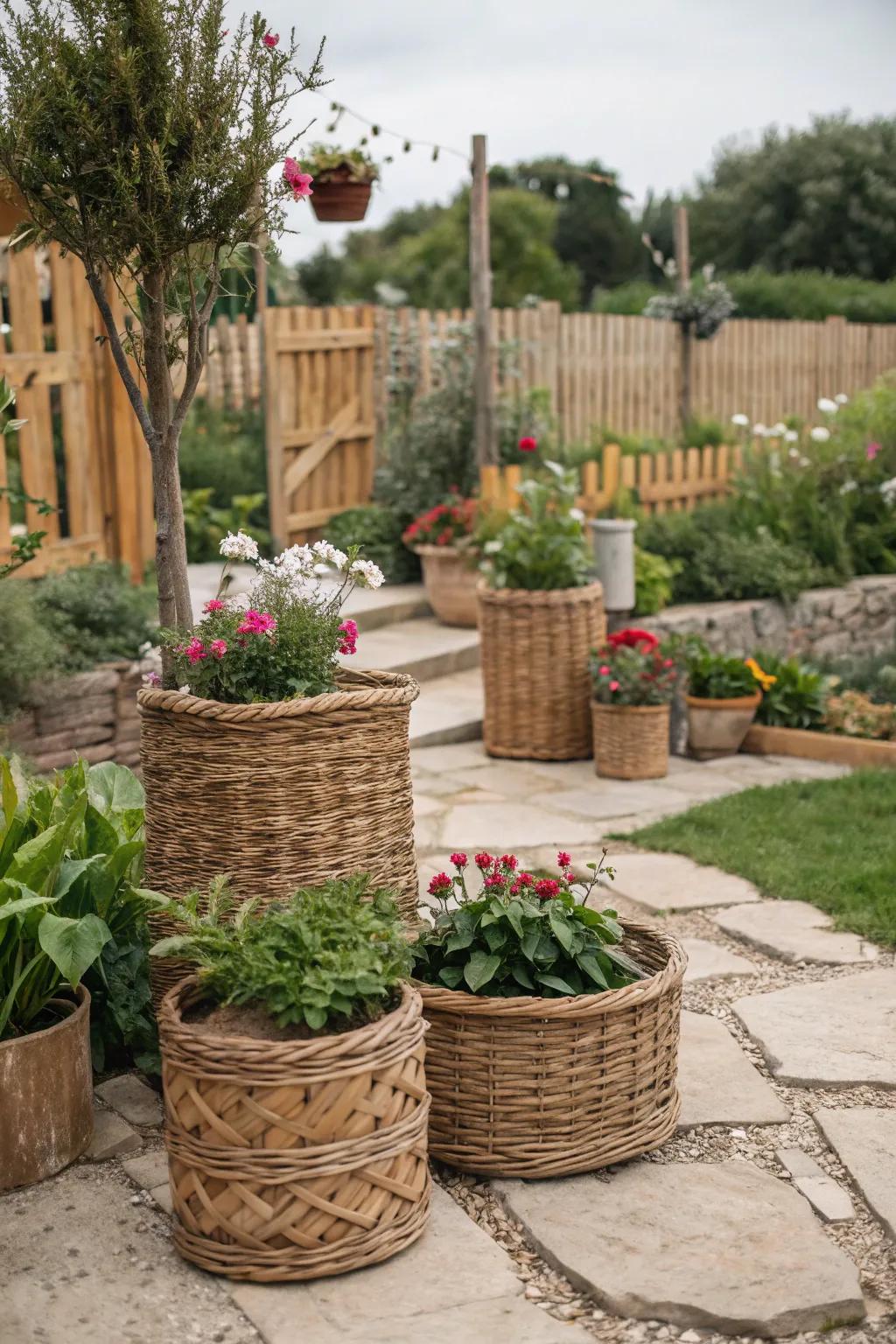 Embrace bohemian style with woven basket plant stands.