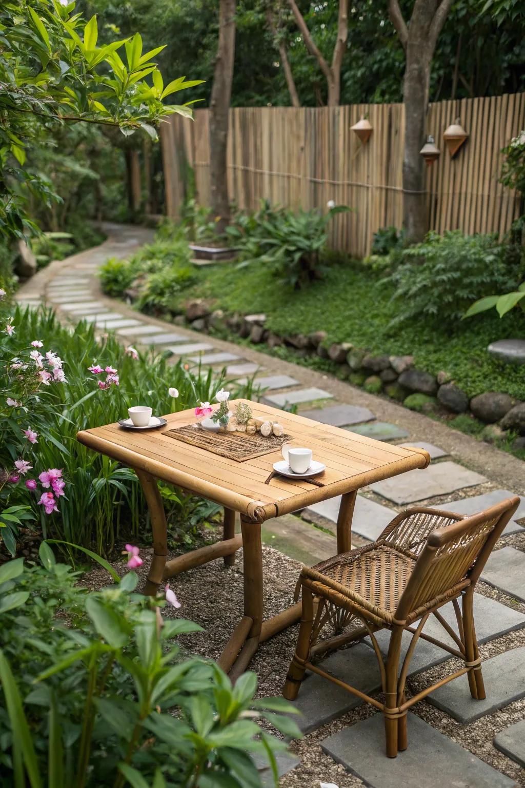 An eco-friendly bamboo tabletop that complements both modern and traditional styles.