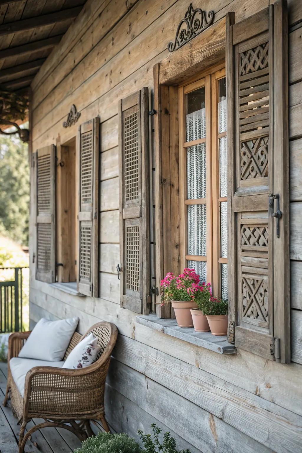 Wooden shutters add rustic charm to outdoor walls.