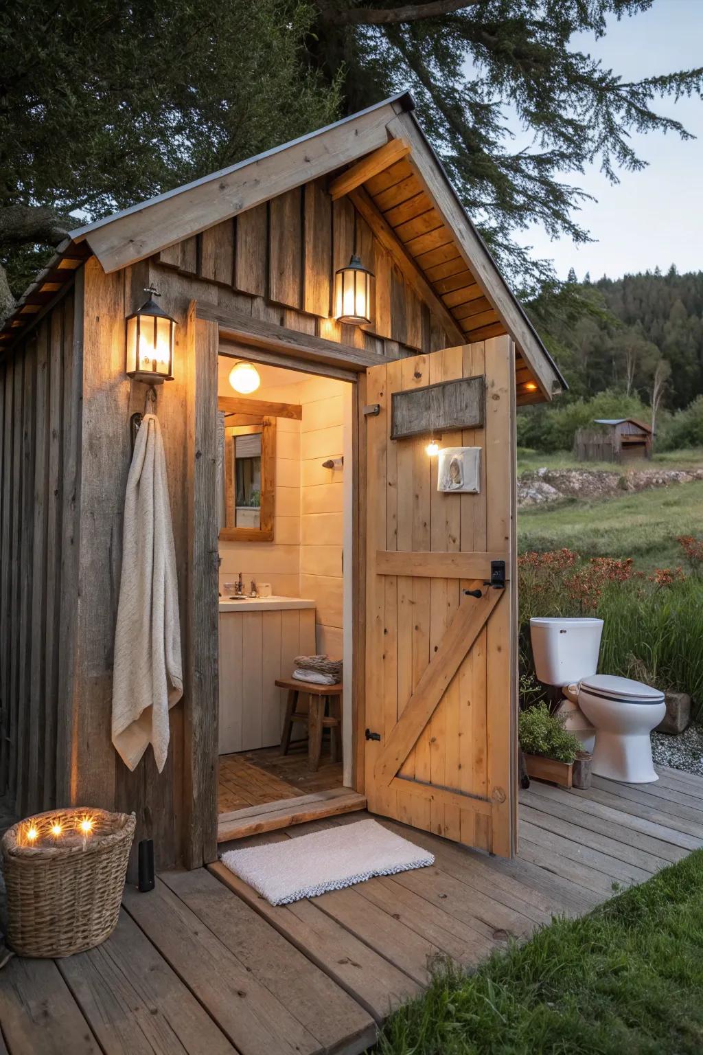 Earthy tones create a serene and harmonious outhouse bathroom.