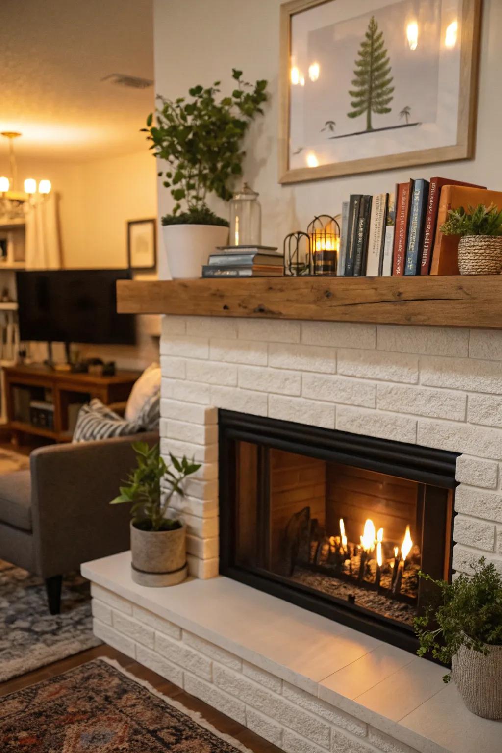 A floating shelf adds modern flair and functionality above the fireplace.