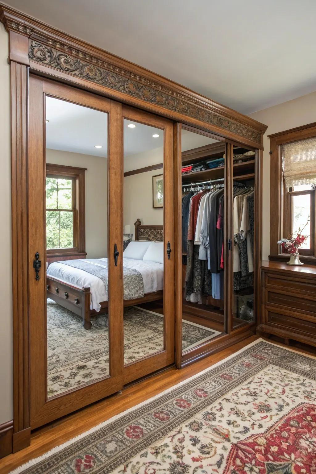 Wood trim adds timeless elegance to mirrored doors.