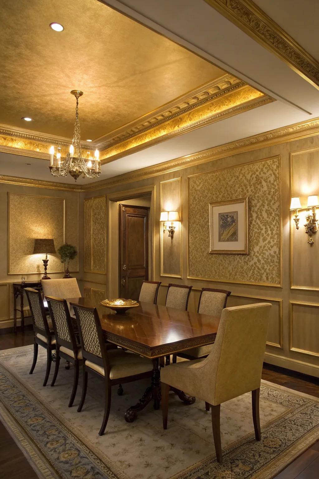 Metallic gold accents bring a touch of luxury to this dining room.