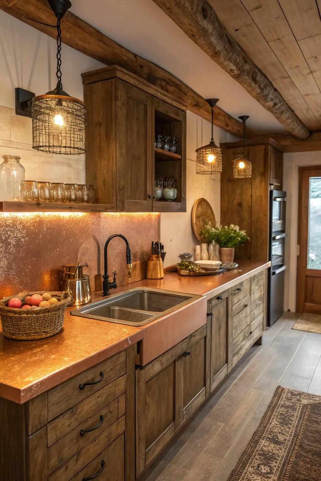 Copper-finish countertops add a vintage charm.