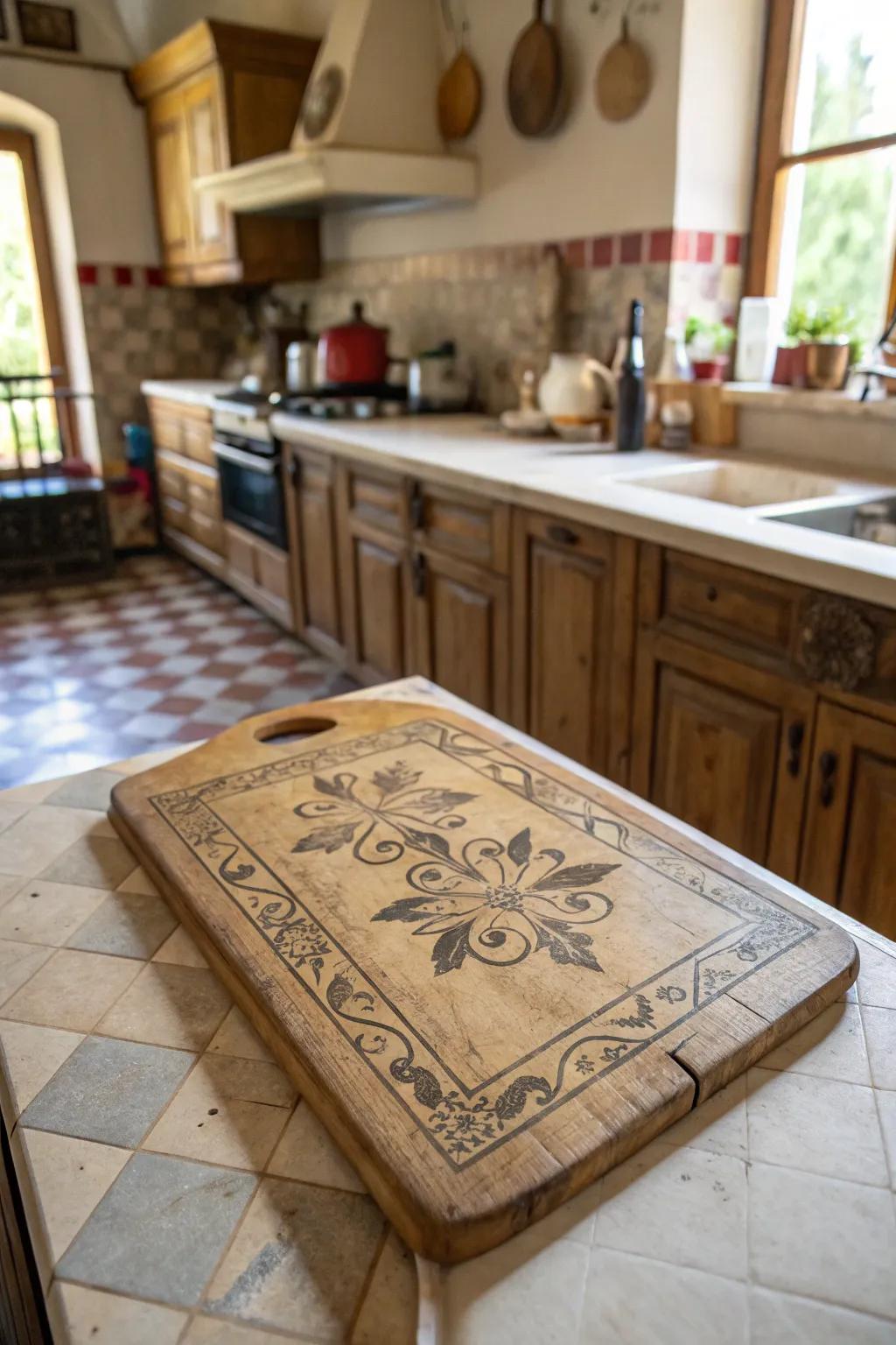 A cutting board with vintage charm, featuring classic kitchen motifs.