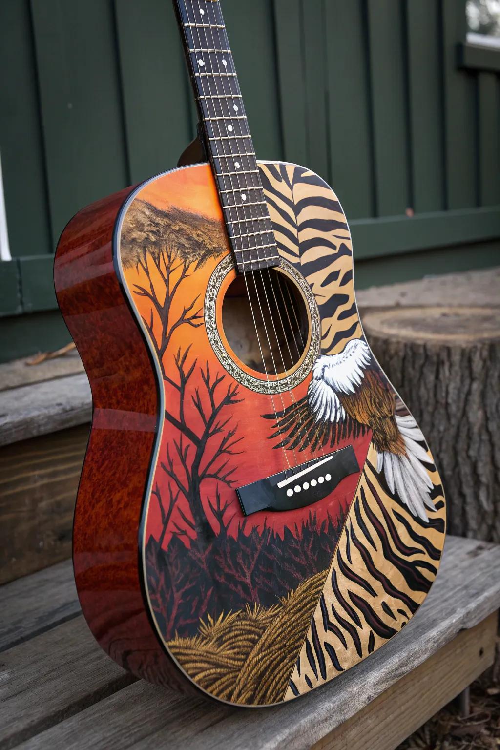 Unleash the wild rhythm with a guitar that roars creativity.