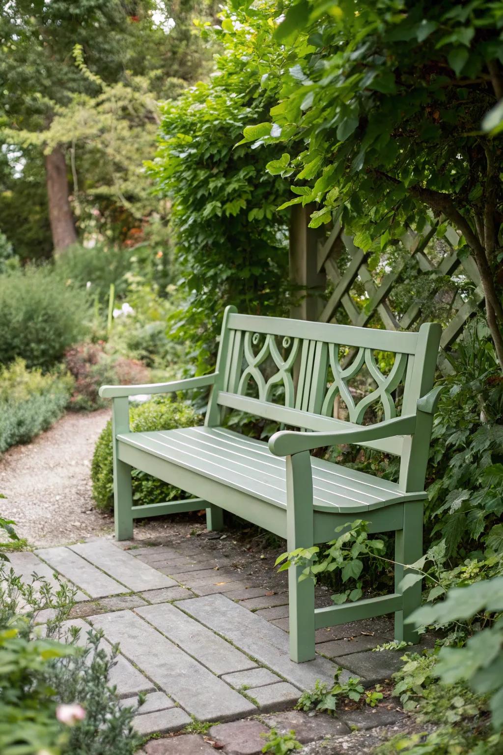 Embrace tranquility with a sage green bench that blends seamlessly into nature's palette.