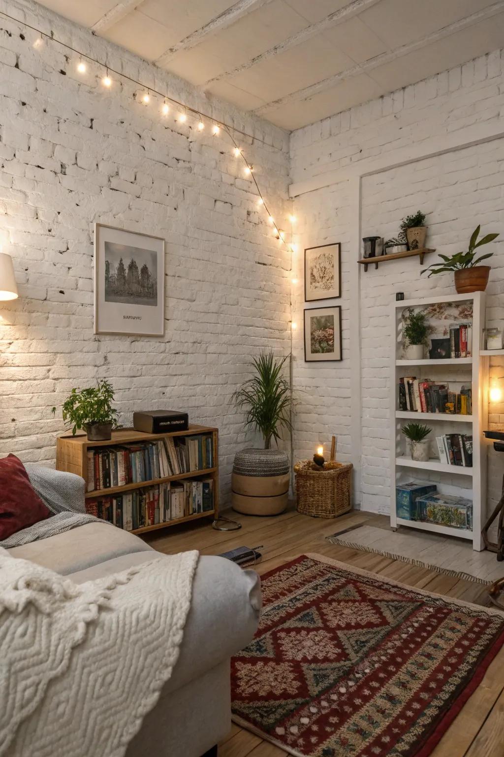 Whitewashed brick walls adding a soft, natural look to the room.