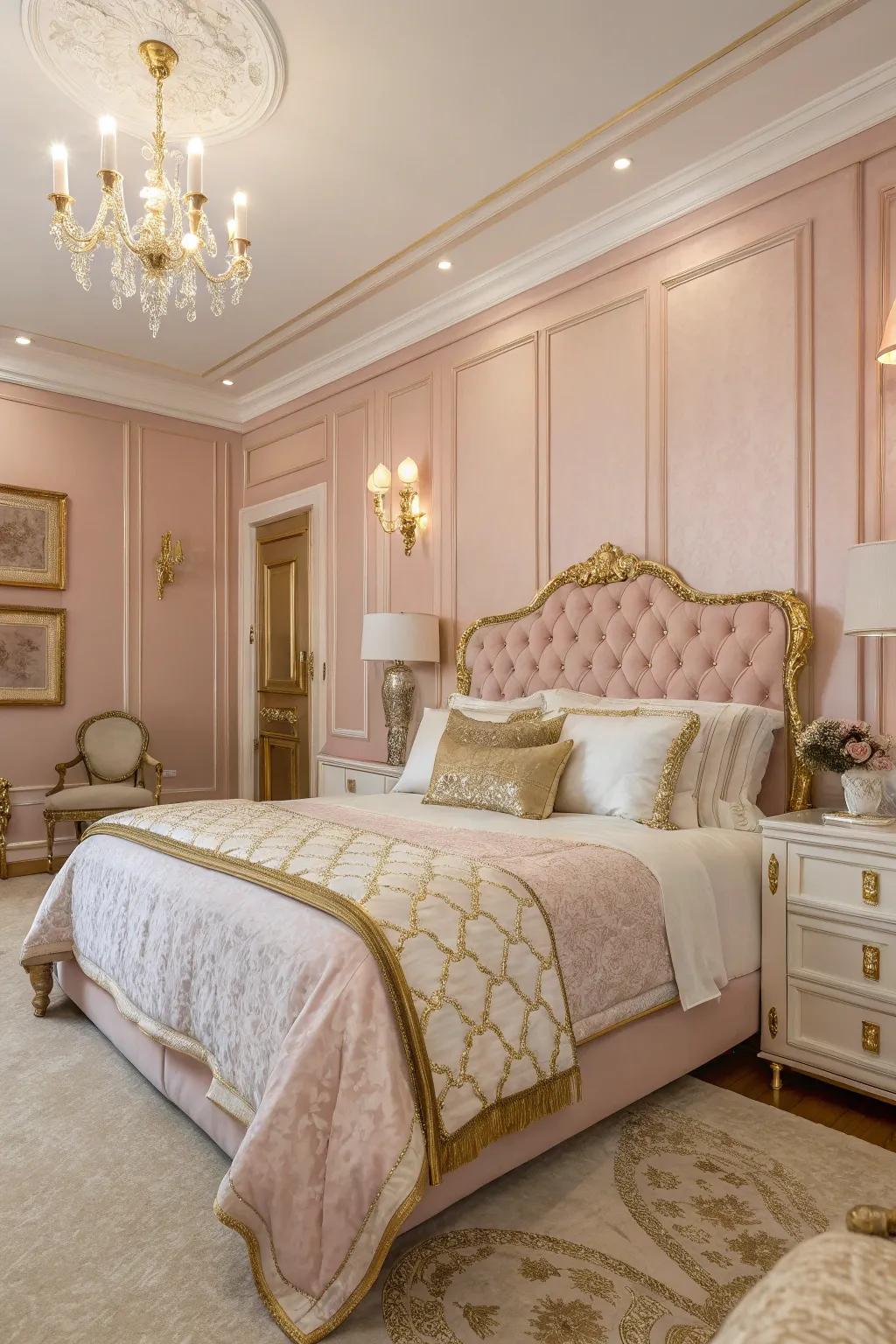 Soft pink paneling creates a romantic and soothing atmosphere.