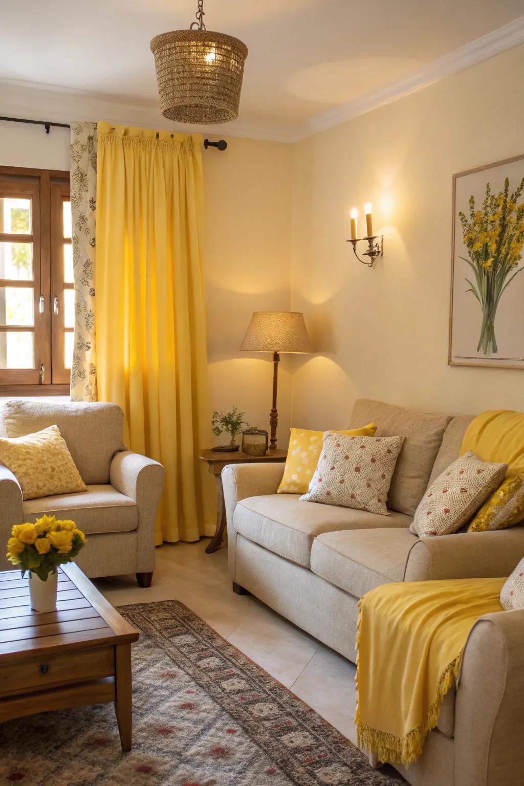 Warm lighting accentuates the cozy ambiance of a yellow-themed living room.