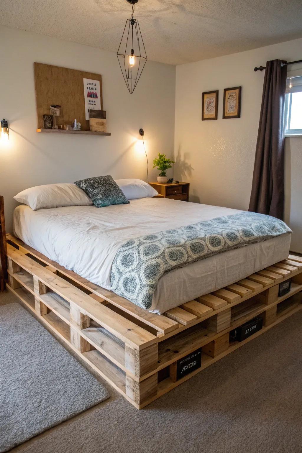 A modern twist on rustic design with a floating pallet bed illusion.