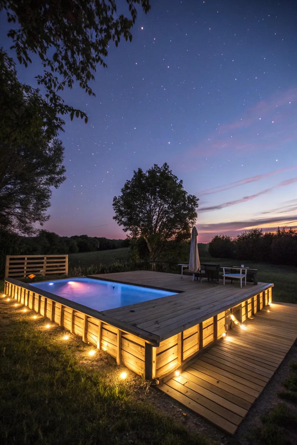 LED lighting sets the mood for evening poolside relaxation.