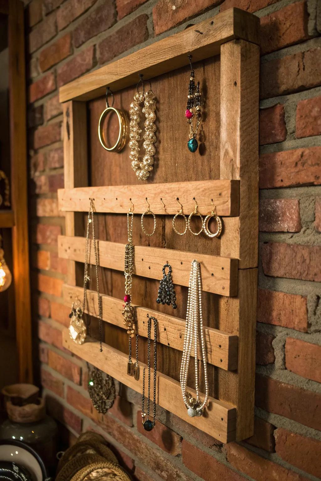 Elevate your jewelry display with this handcrafted pallet organizer, where style meets functionality.