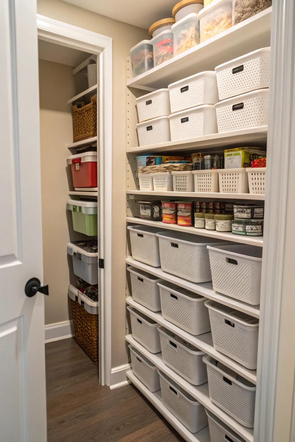 Vertical stacking maximizes the use of space in a deep pantry.