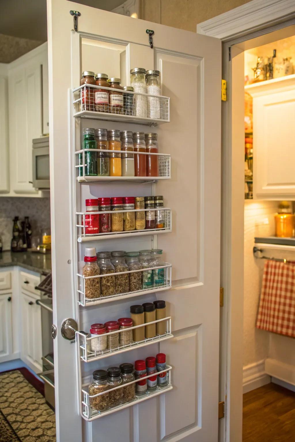 Utilize pantry door space with clever storage solutions.