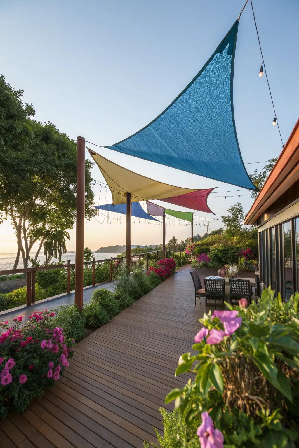 A bohemian deck adorned with sail shades, offering playful and functional shade.