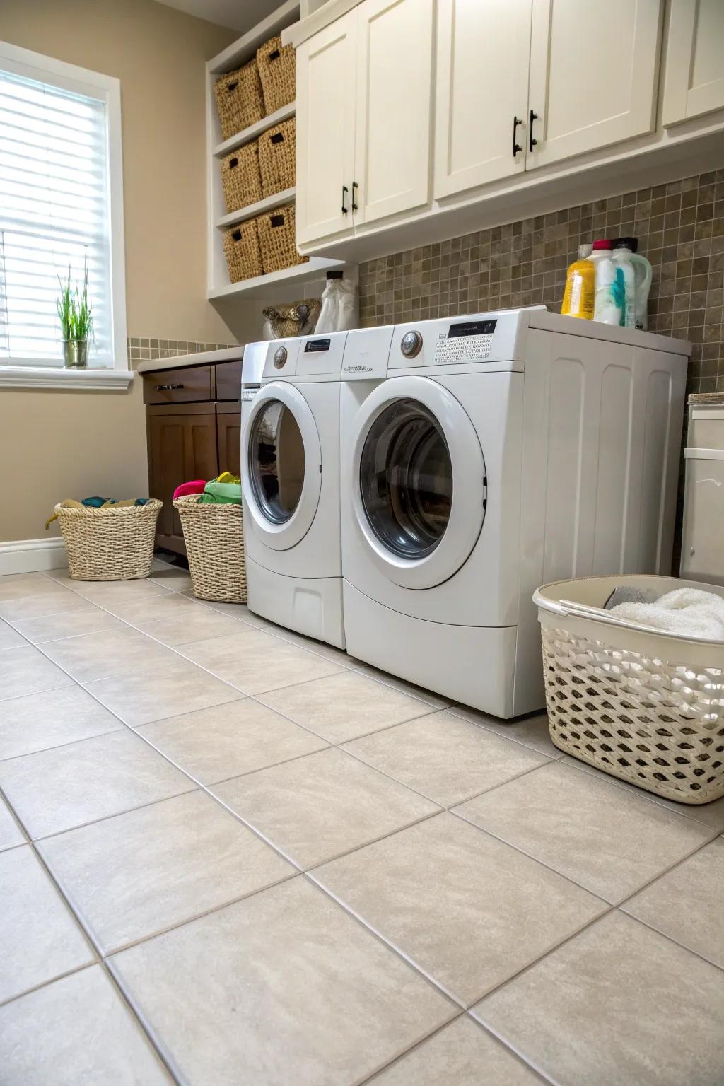 Durable flooring ensures longevity and style in the laundry room.