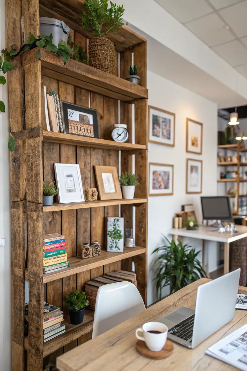 Rustic shelving adds both function and style to your office.