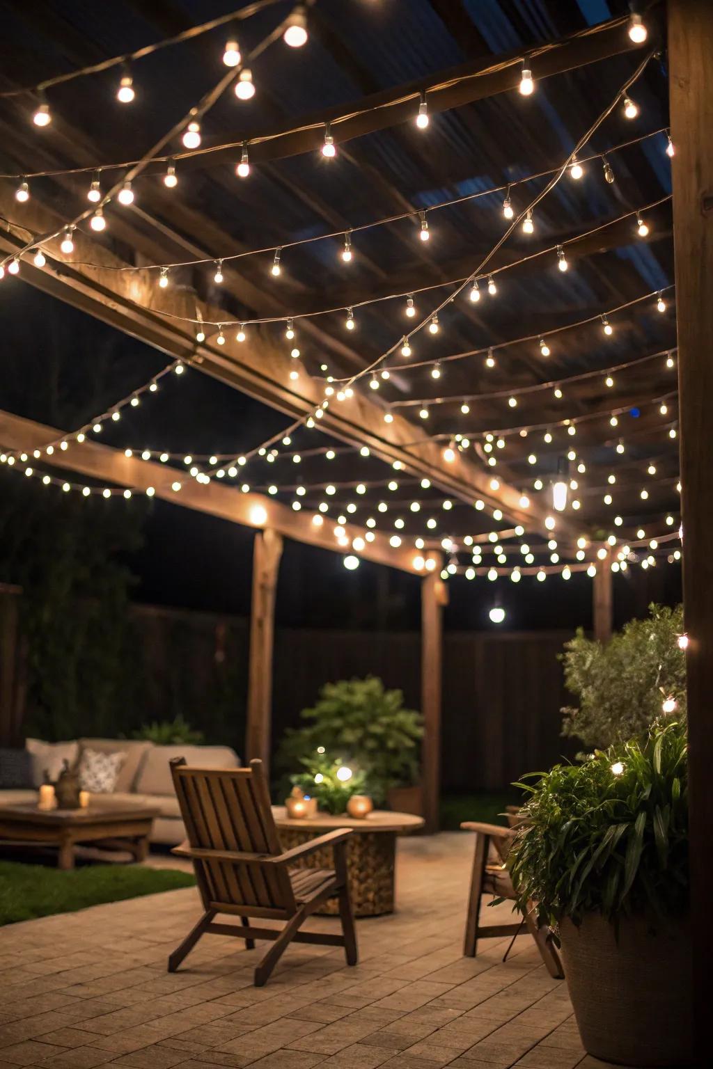 Overhead string lights mimic a starry night sky.