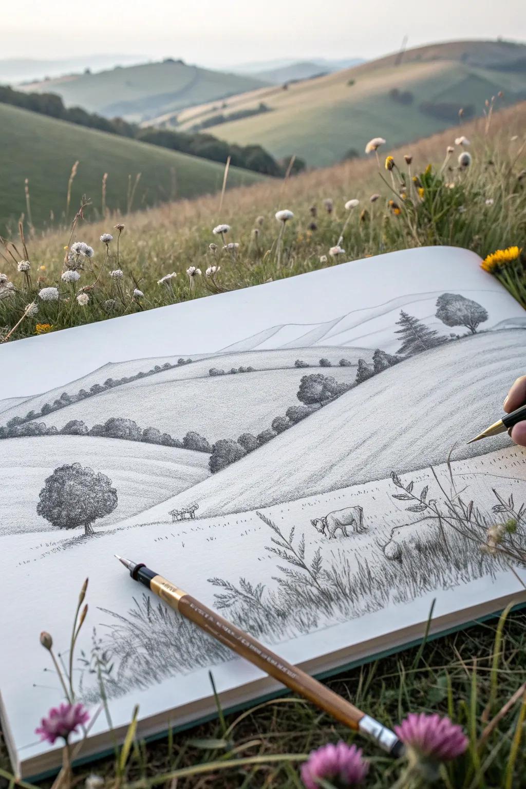Embrace the tranquil beauty of rolling hills with this elegant pencil sketch, where simplicity meets natural charm.