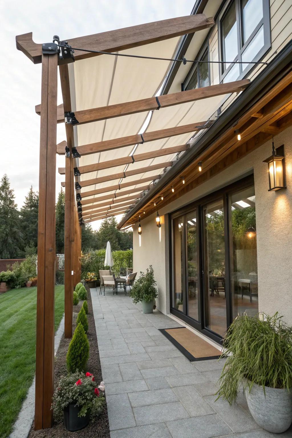 A pergola featuring adjustable shades for versatile sun protection.