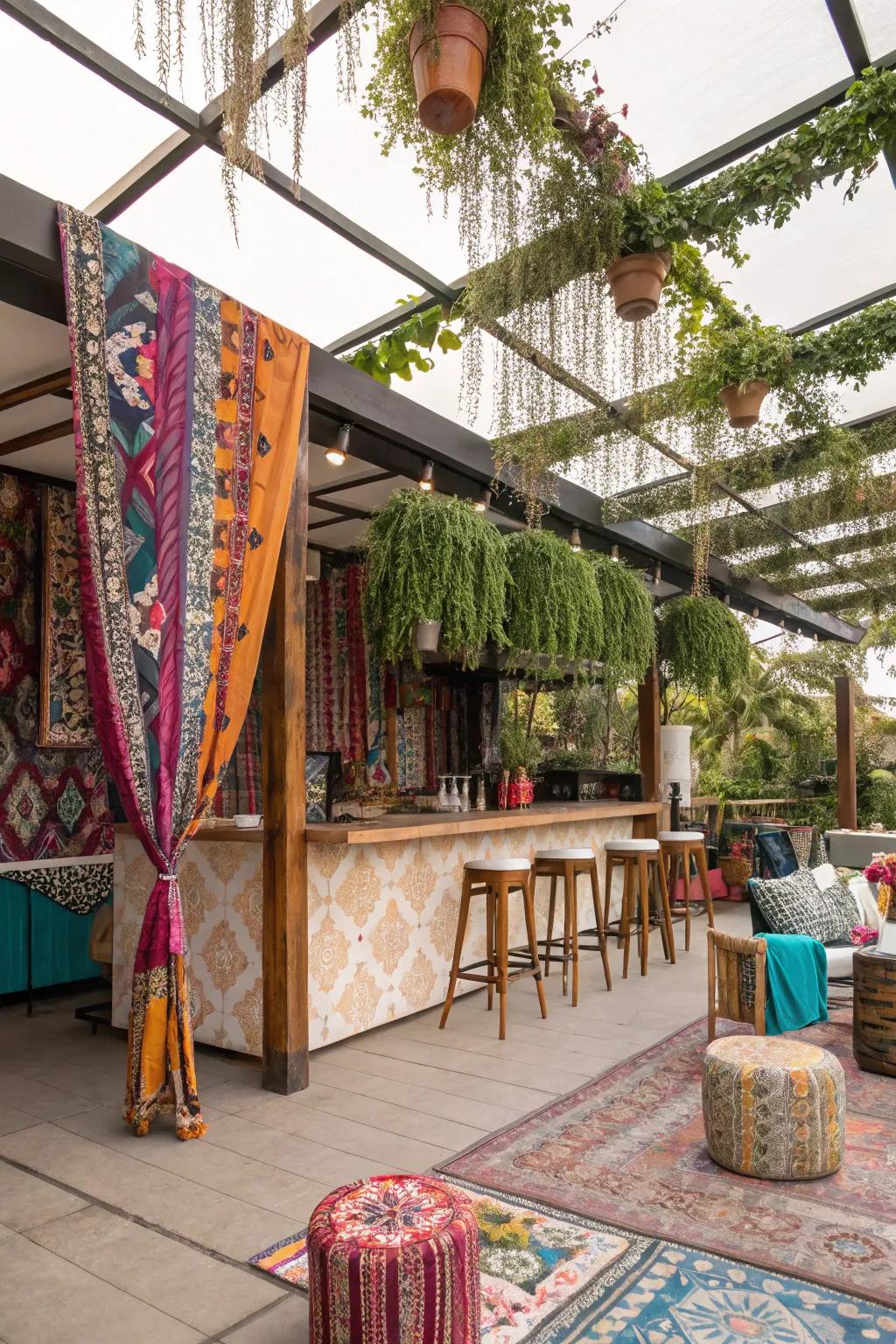 A bohemian-themed pergola bar, a celebration of color and creativity.