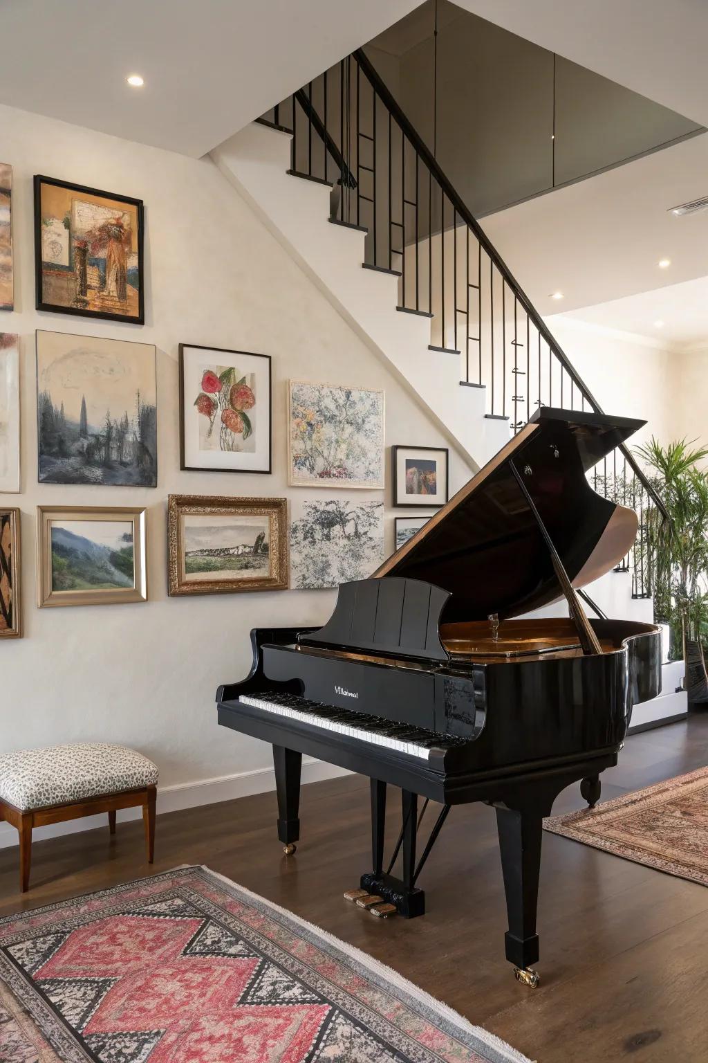 A gallery wall sets the stage for the piano.