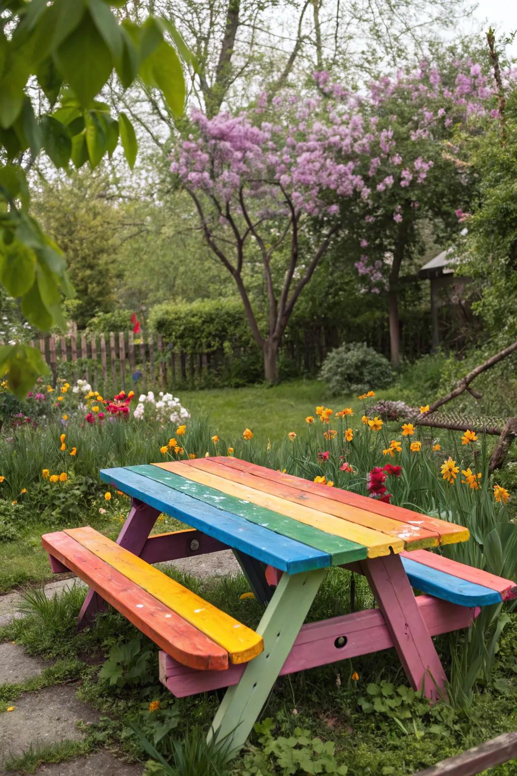 A rainbow-painted picnic table brings joy and color to any outdoor event.