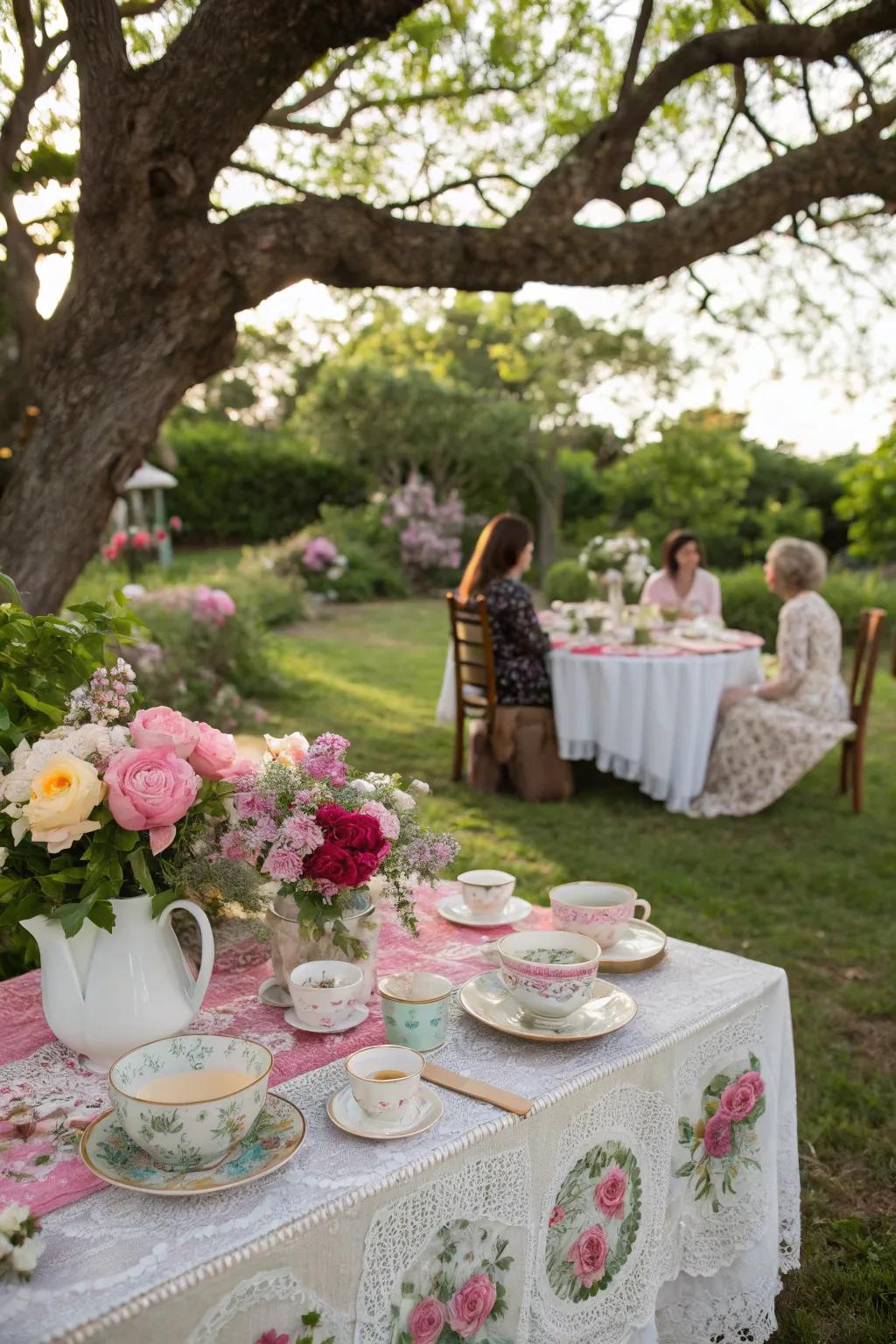 Delight in a garden tea party picnic with elegant settings and treats.