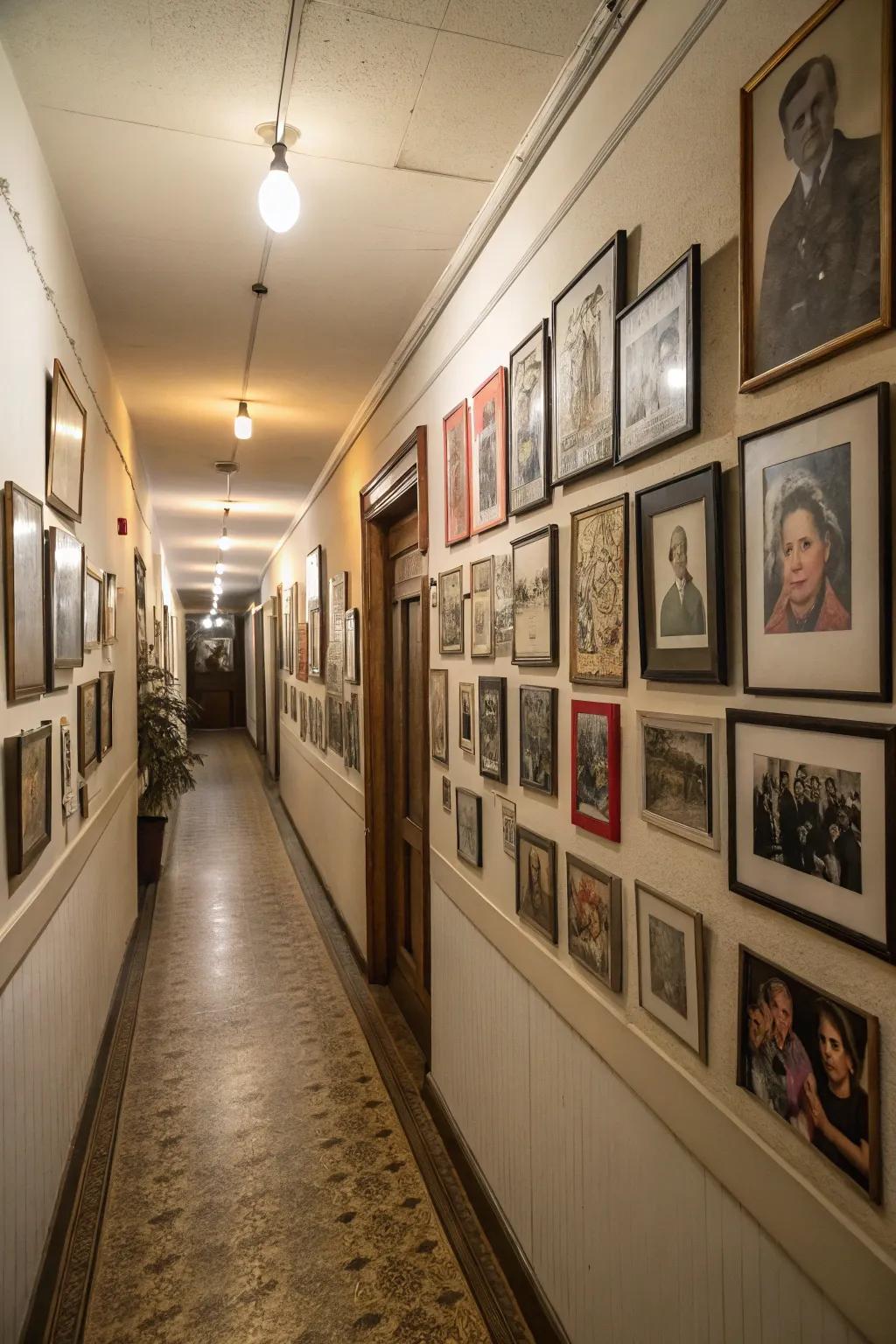 A hallway gallery featuring framed vintage family photos.