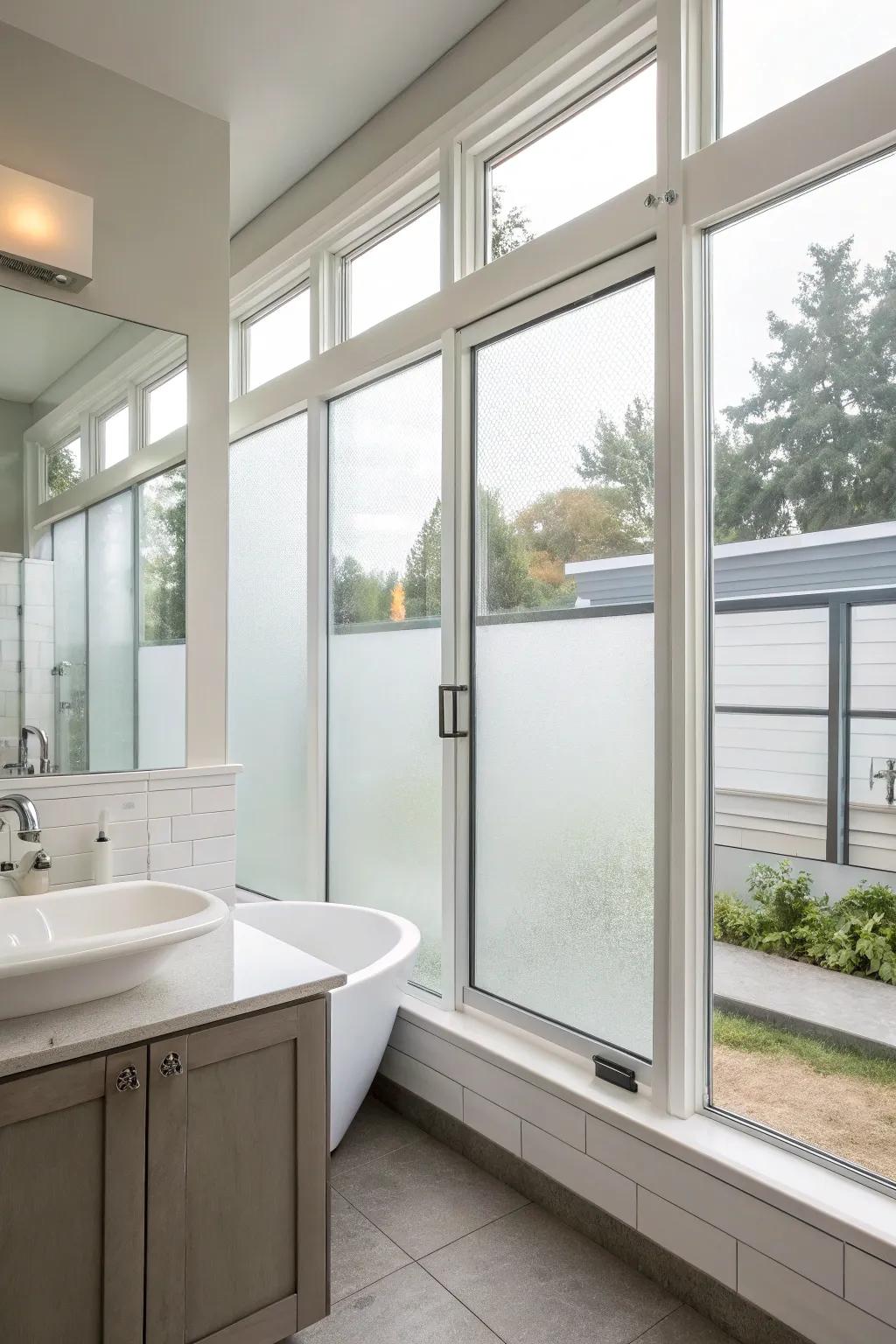 Bathroom with frosted glass picture windows ensuring privacy and light.