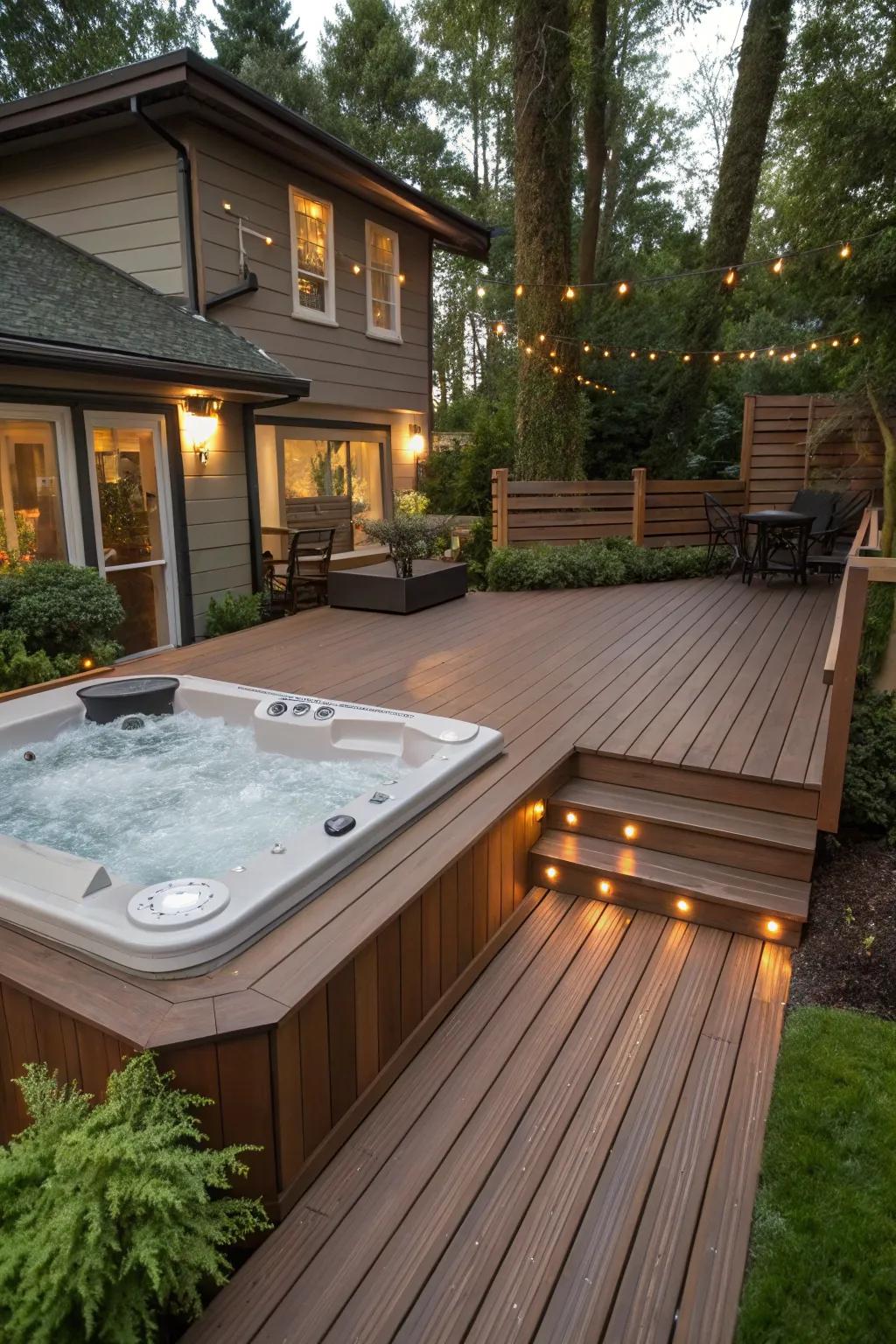 A luxurious hot tub surrounded by sleek composite decking.