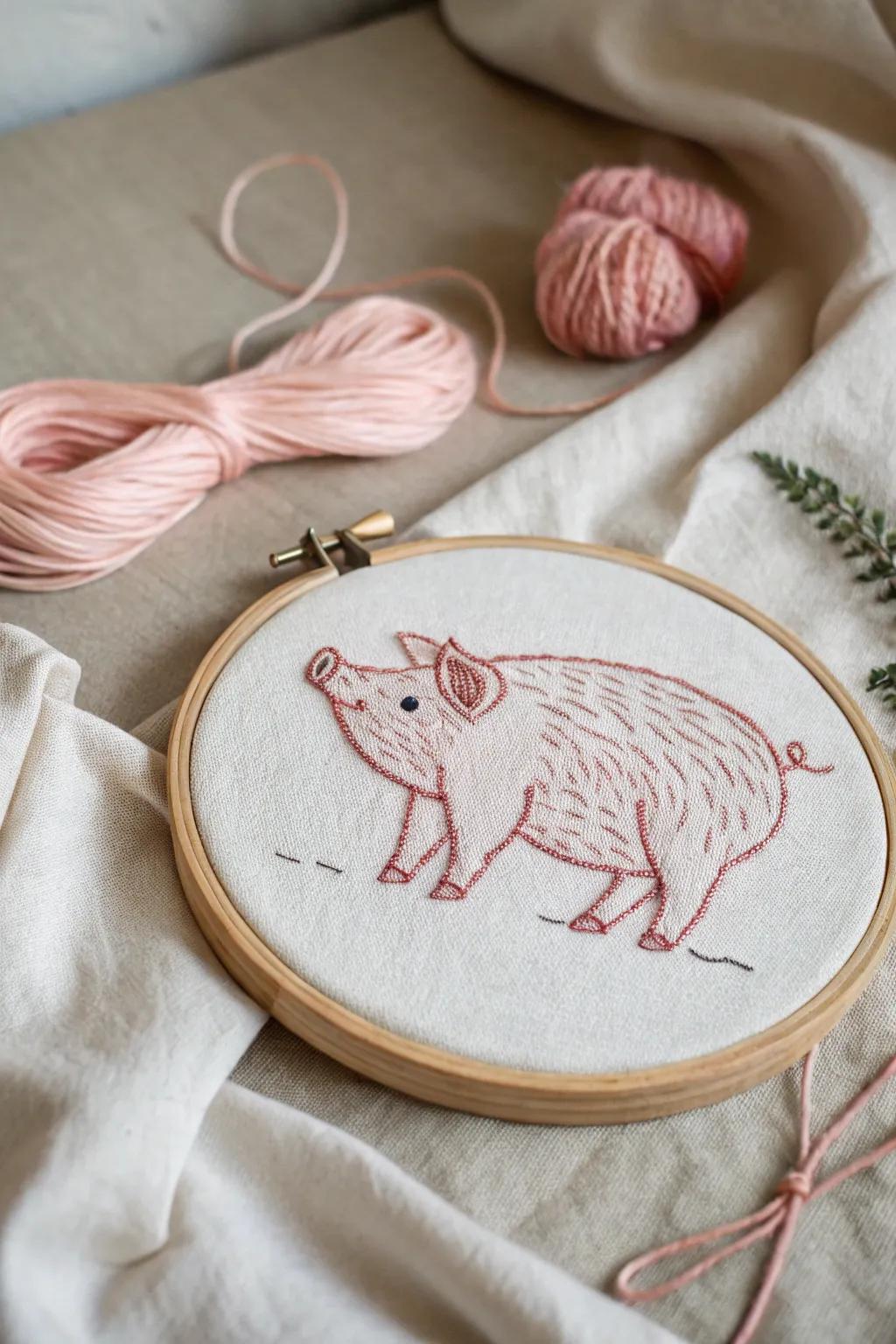 Embrace the charm of simplicity with this delightful pig embroidery hoop art, perfect for adding a touch of whimsy to your space.