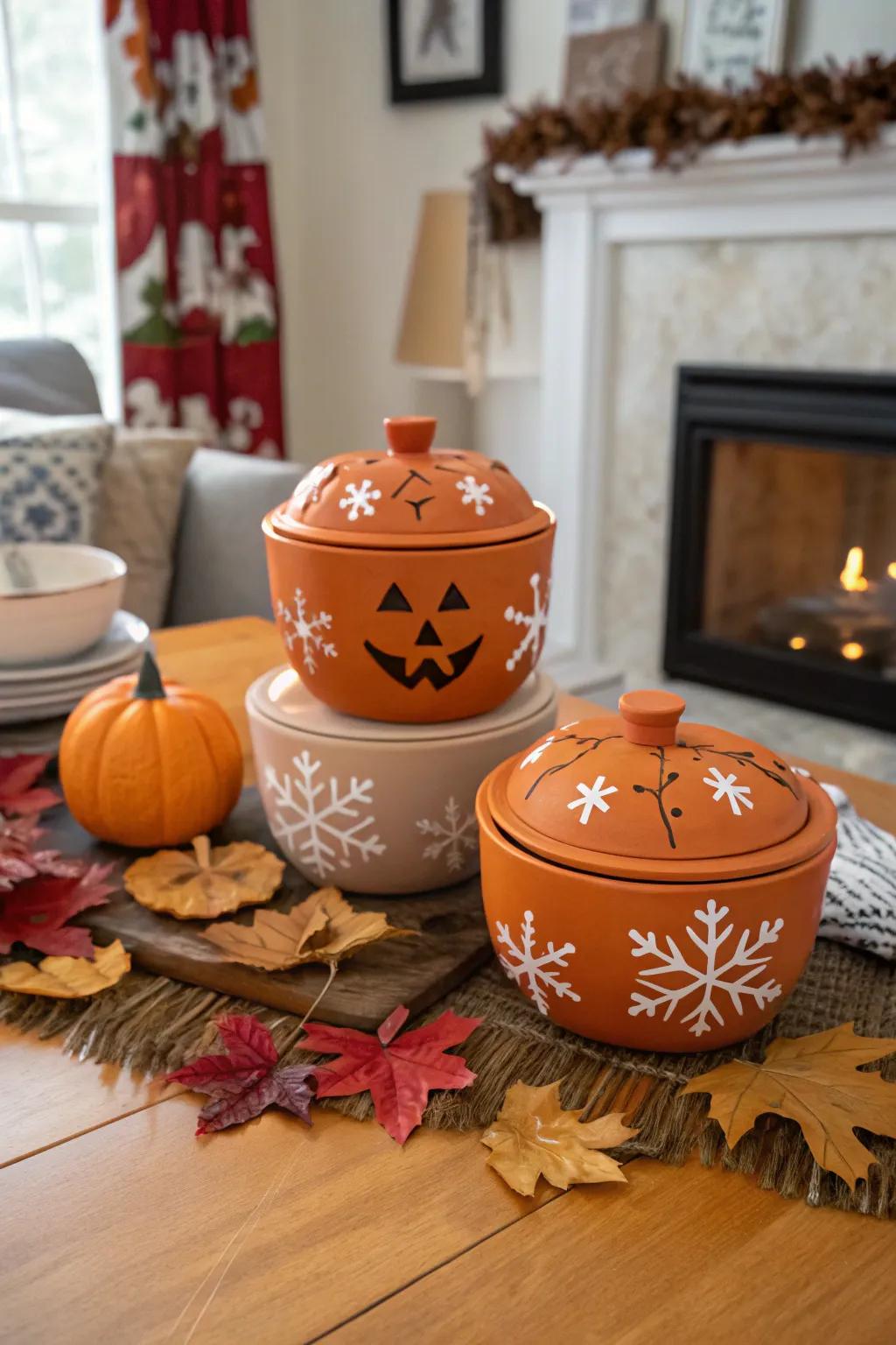 Seasonally themed pinch pots for festive decor.