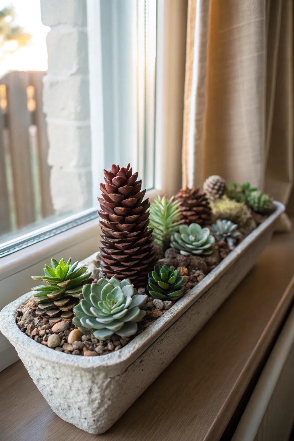 Bring the outdoors in with pine cone succulents.