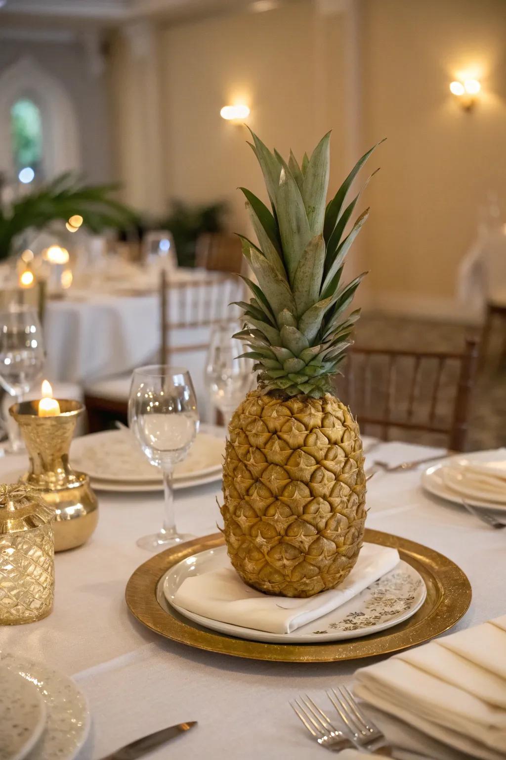 A golden pineapple centerpiece adds a touch of elegance and sophistication.