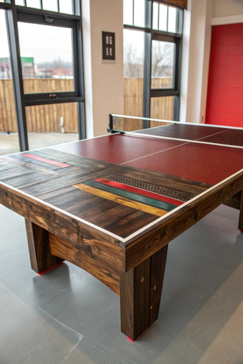 Elevate your game with this eco-conscious, handcrafted ping pong table made from reclaimed wood.
