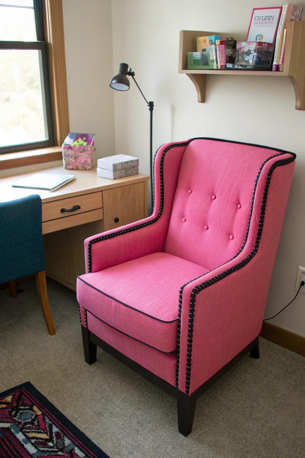 Stylish pink accent chair with black detailing in a dorm room.