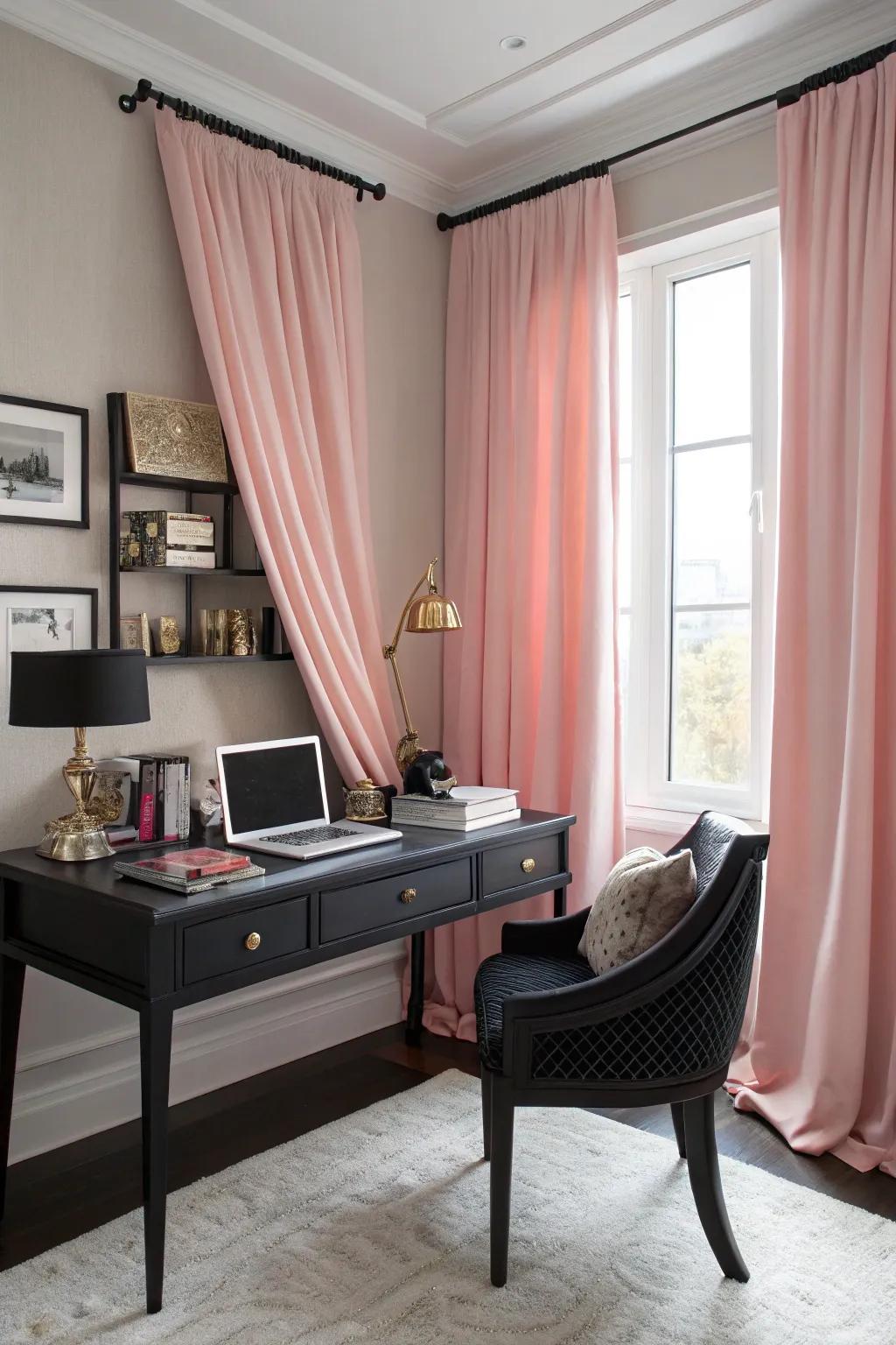 Pink curtains add softness and elegance to this modern office space.