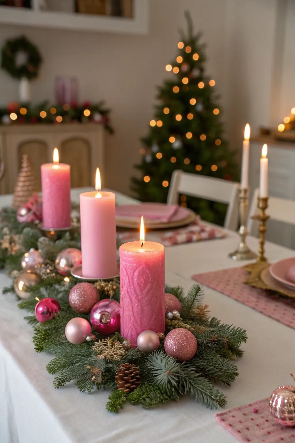 Pink candles create a warm and inviting holiday atmosphere.