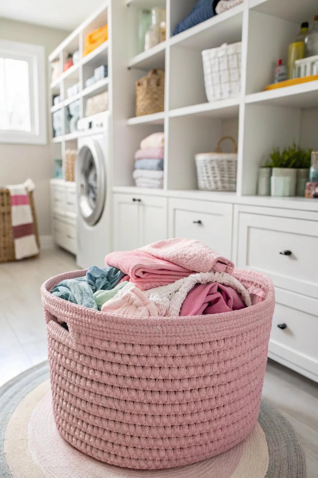 Add a cheerful touch to laundry day with a pink crochet basket.