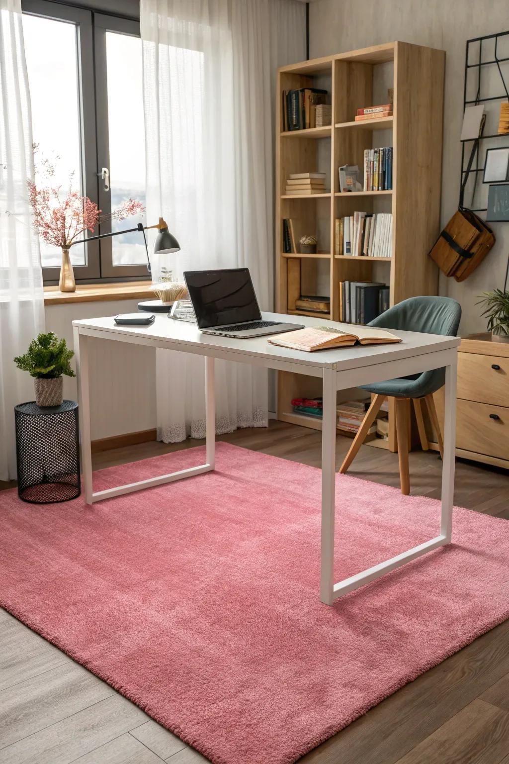 A pink rug adds comfort and cohesion to your office decor.